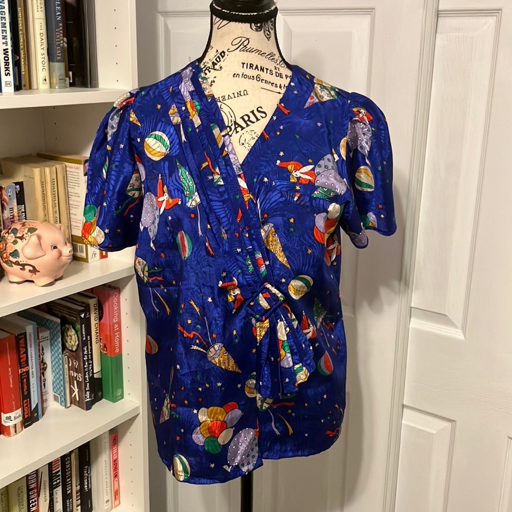 Vintage bunny and balloon motif wrap front blouse with pleating (M)